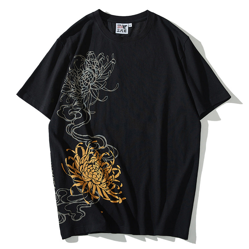 Naruto Kurama with Chrysanthemum Embroidery Summer T-shirt