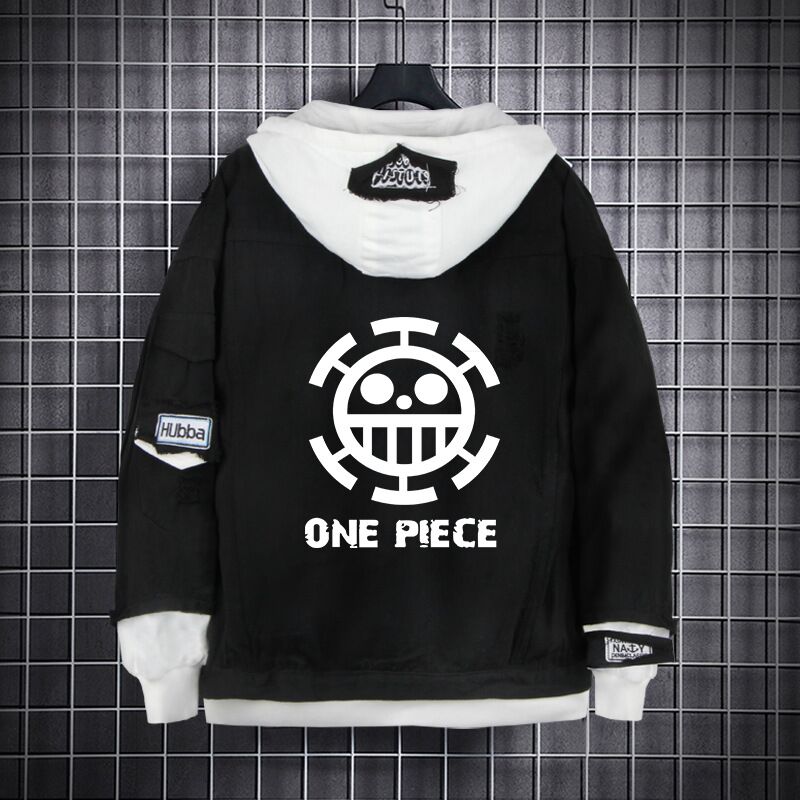 One Piece Black Layered Hooded Denim Jacket